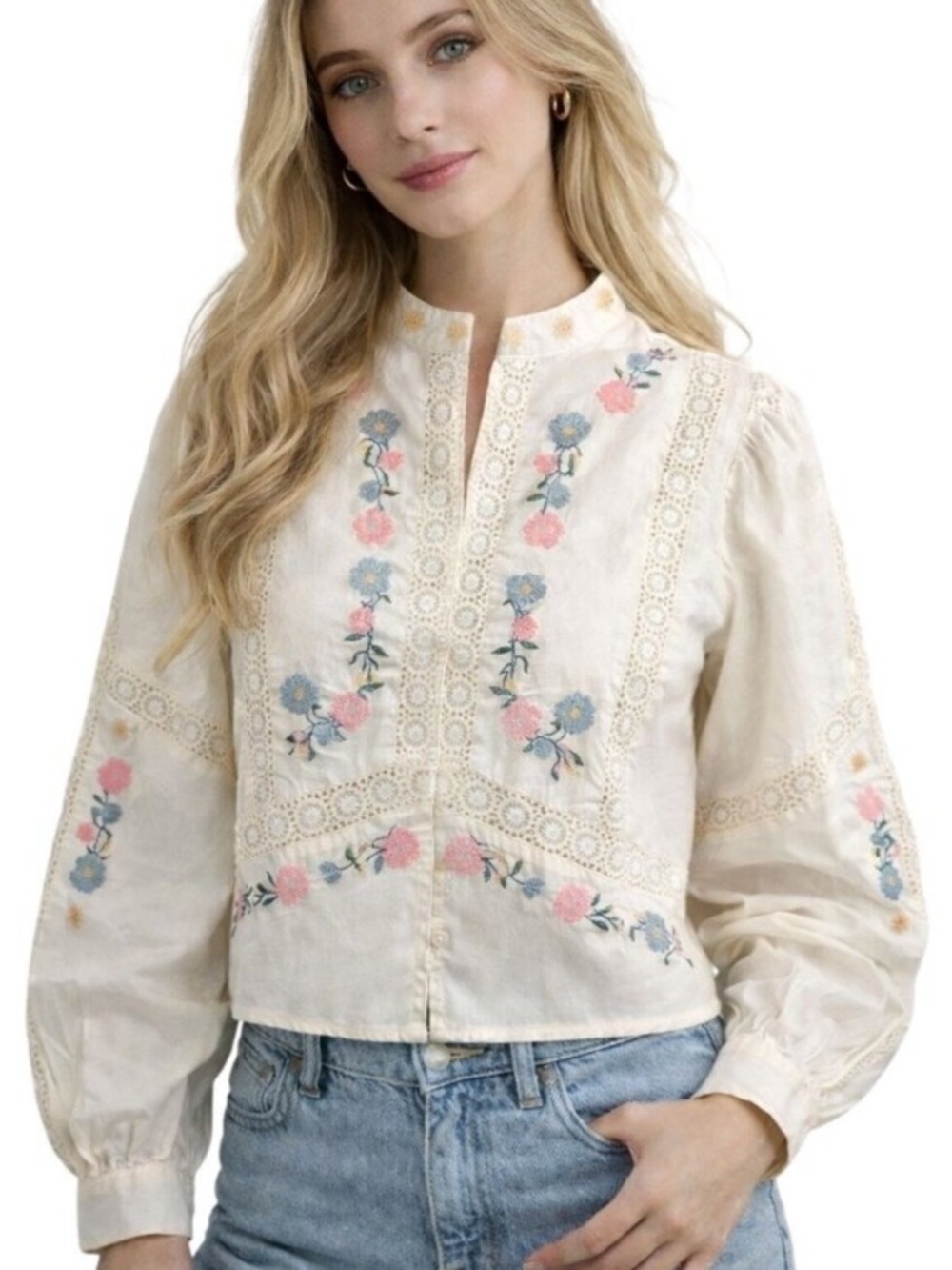Caroline Constas White Cotton Blouse Floral Embroidered Details Mandarin Collar